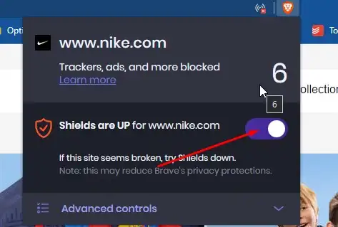 turning off adblocker in brave to fix nike error code 98d2586b